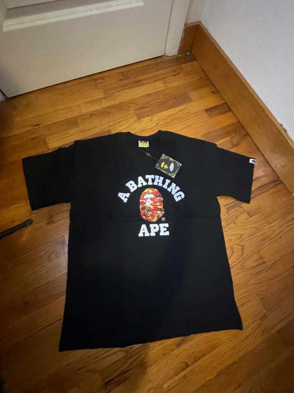 Bape Black Tee with Orange Camo Ape Head Logo